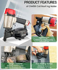 Lightweight Pneumatic Roofing Nailer Designed For Tight Roofs And Daily Grind Drives Fifteen Degree Coil Nails, displaying features and operation.