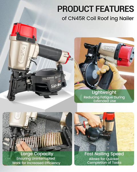 Lightweight Pneumatic Roofing Nailer Designed For Tight Roofs And Daily Grind Drives Fifteen Degree Coil Nails, displaying features and operation.
