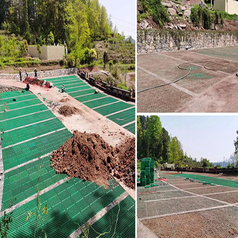 Gravel Stabilizer Grid for Lawns and Pathways Durable Drainage Solution being installed; green HDPE panels on terrain