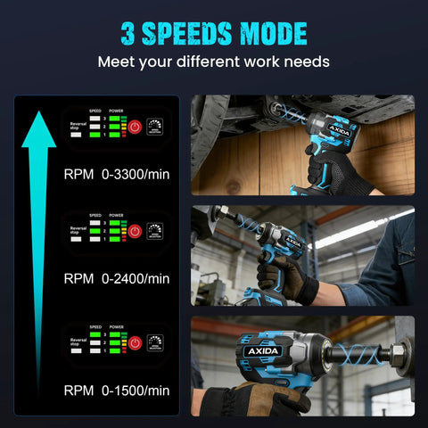 Cordless Impact Wrench Brushless Motor Brings Badass 480 Ft Lbs Torque And 3500 Rpm Speed With A Tough 1/2 Inch Drive speed settings display