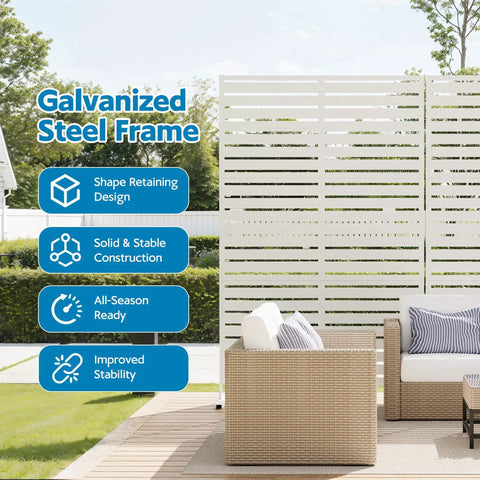 Outdoor Metal Privacy Screen Freestanding 6Ft Room Divider Panel 72In High By 47In Wide With Stand White for patio with wicker furniture