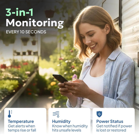 RV Pet Temperature Monitor With Cellular Coverage No WiFi Needed Remote Power Outage And Temp Sensor With App Alerts For Home Safety And Server Room Monitoring Includes 1 Year Subscription woman using app in garden, 3-in-1 temperature humidity power status