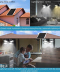 Four Head Solar Pendant Lights With Motion Sensor illuminating room and shed, solar panels on roof, showing charging and lighting modes.