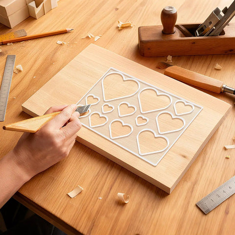 Heavy Duty Acrylic Heart Router Template For Practical Woodworking And Charcuterie Boards Features Twelve Cut Sizes Providing Flawless Trimming Lines That Make Custom Inlay Work No Sweat And Straight Fire used on wood.