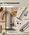 JOMOO Brushed Nickel Kitchen Faucet with Pull Down Sprayer, 2-Mode showcasing all-metal construction and thickened body.