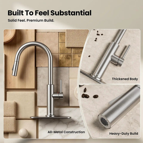 JOMOO Brushed Nickel Kitchen Faucet with Pull Down Sprayer, 2-Mode showcasing all-metal construction and thickened body.