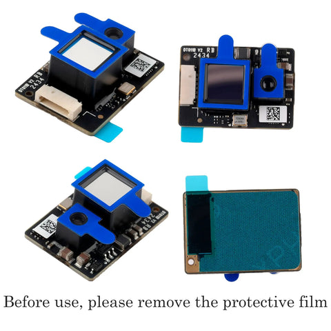 TFS20 Lidar Module for Robots and Drones With 0.2 to 20 Meter Range and 6 cm Precision sensor front, side, and top views