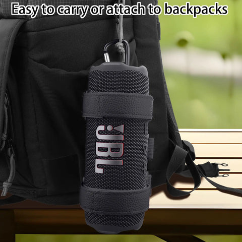Portable Bluetooth Speaker Mount attached to a backpack, showing adjustable strap holder, for various wireless speakers on the go.
