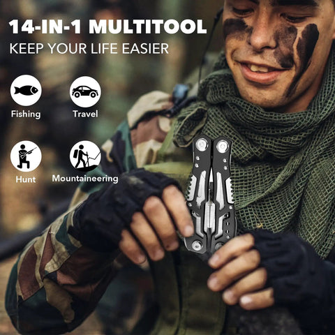 14 In 1 Multitool With Safety Locking Built For Survival And Outdoor Adventures shown with outdoor enthusiast