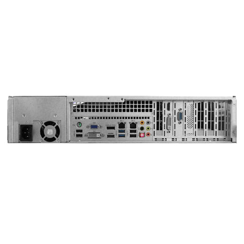 Back view of the Boss Grade 8-Bay NVR Server With 70Tb Storage Tracks 128 Channels Of 2Mp Camera Feeds At 600Mbps Over Dual Network Lines.