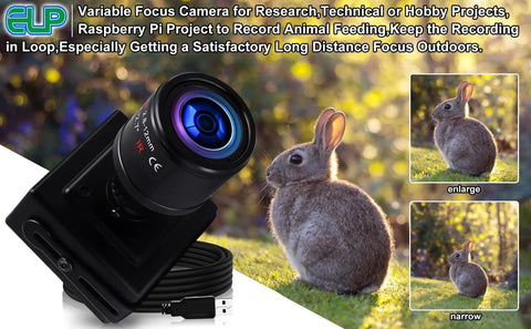 USB Camera With 2.8-12mm Varifocal Zoom Lens for Windows Mac Linux Raspberry Pi, showing zoom effect on a rabbit