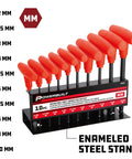 Metric T Handle Hex Key Set With Ball End Wrenches 2mm To 10mm in metal rack, ergonomic grips, chrome vanadium steel