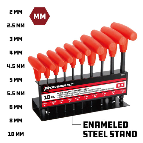 Metric T Handle Hex Key Set With Ball End Wrenches 2mm To 10mm in metal rack, ergonomic grips, chrome vanadium steel