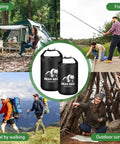 Collage of Waterproof 10L Bear Bag Hanging Kit With Heavy Duty Ropes Magnetic Bear Bell for camping, fishing, hiking, survival.