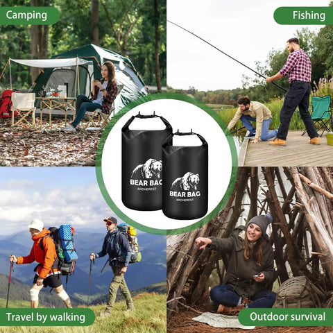 Collage of Waterproof 10L Bear Bag Hanging Kit With Heavy Duty Ropes Magnetic Bear Bell for camping, fishing, hiking, survival.