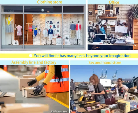 Montage showing uses for Clothing Tag Gun Kit With 6 Steel Needles 5000 Barbs And 500 Price Tags in stores and offices.