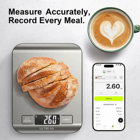 Smart Kitchen Scale With Nutritional Calculator And Macro Tracking App, Ai Food Recognition, Barcode Scan, loaf and phone