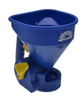 Spyker HHS100 Handheld Spreader for Lawn Care and Yard Work, 5 lb capacity, blue funnel design with ergonomic yellow trigger handle.