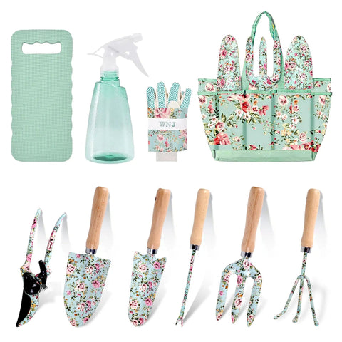 All In One Floral Garden Tools Set With Tote Bag Heavy Duty Gardening Kit Including Pruning Shears Trowels Rake Sprayer Kneeling Pad