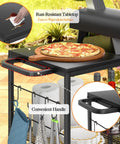 Outdoor Grill Cart With 3 Tier BBQ Prep Table On Wheels shown with pizza, cleaning cloth, and outdoor setup.