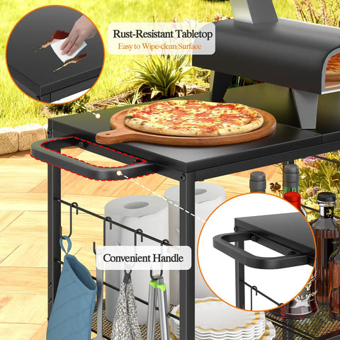 Outdoor Grill Cart With 3 Tier BBQ Prep Table On Wheels shown with pizza, cleaning cloth, and outdoor setup.