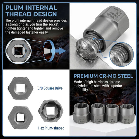 3 In 1 Bolt Extractor Kit With Left Hand Drill Bits showing plum internal thread design and premium CR-MO steel build