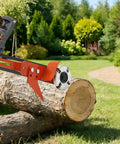 Knockout Chainsaw Mill Attachment And Log Debarker Peeler featuring four heavy duty blades on a log in a garden setting.