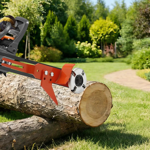 Knockout Chainsaw Mill Attachment And Log Debarker Peeler featuring four heavy duty blades on a log in a garden setting.
