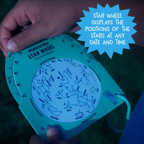 Person holding star wheel from Kid Friendly Telescope And Astronomy Kit With 25X And 50X Magnification, Adjustable 48 Inch Tripod.