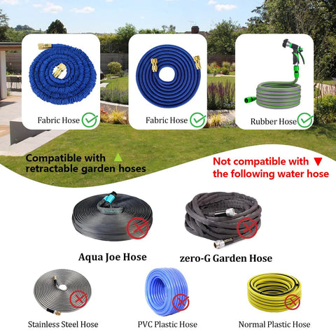 Uber Handy Garden Hose Repair Kit compatibility chart showing compatible and incompatible hose types.