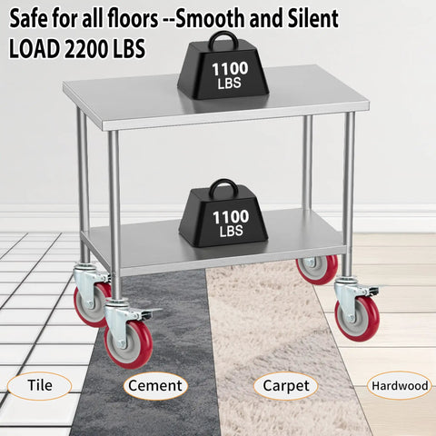 Hella Tough 5 Inch Expanding Stem Caster Wheels Set of 4 with Brakes for Heavy-Duty Worktables on a stainless steel cart.