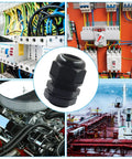 Twelve Pack Three Quarter Inch NPT Cable Glands Nylon Waterproof Adjustable Cord Grips With Locknut And Gaskets Beefy Heavy Duty Strain Relief For Electrical Industrial And Automotive Wires shown in different industrial applications and close-up view.