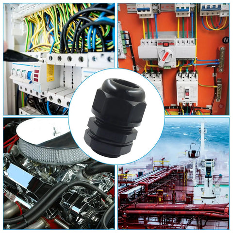 Twelve Pack Three Quarter Inch NPT Cable Glands Nylon Waterproof Adjustable Cord Grips With Locknut And Gaskets Beefy Heavy Duty Strain Relief For Electrical Industrial And Automotive Wires shown in different industrial applications and close-up view.