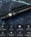 UltraBright USB C Rechargeable Handheld Flashlight With XHP35.2 LED Black Finish on wet stone surface, compact design