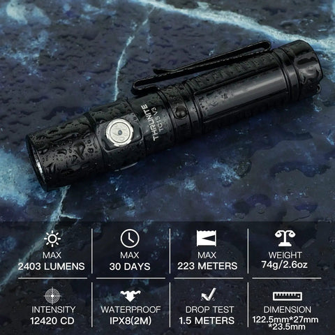 UltraBright USB C Rechargeable Handheld Flashlight With XHP35.2 LED Black Finish on wet stone surface, compact design
