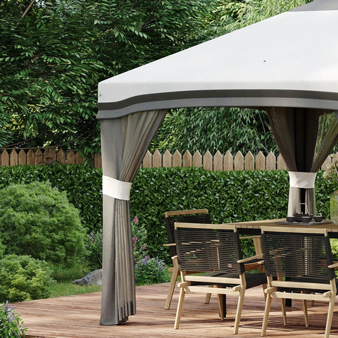 10x10 Pop Up Canopy Tent With Netting For Outdoor Parties Instant Setup Easy Setup Gazebo installed in garden yard, gray color.