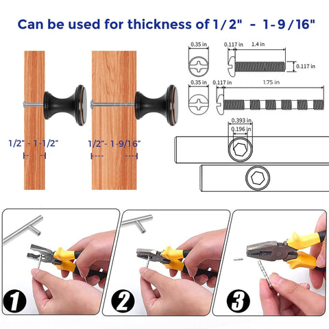 Slick Oil Rubbed Bronze Kitchen Cabinet Knobs 10 Pack installation with size guide and tools for cupboards and drawers.