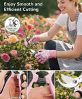 Woman using pink safety lock pruners from 12-Piece Women's Gardening Tools Gift Set With Durable Carrying Case Rust-Proof And Heavy-Duty Tools.
