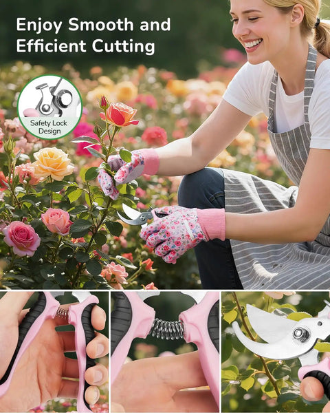Woman using pink safety lock pruners from 12-Piece Women's Gardening Tools Gift Set With Durable Carrying Case Rust-Proof And Heavy-Duty Tools.