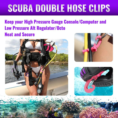 Diver using Pink Scuba Double Hose Clips 2 Pack With 304 Stainless Steel Closure for secure hose attachment underwater.
