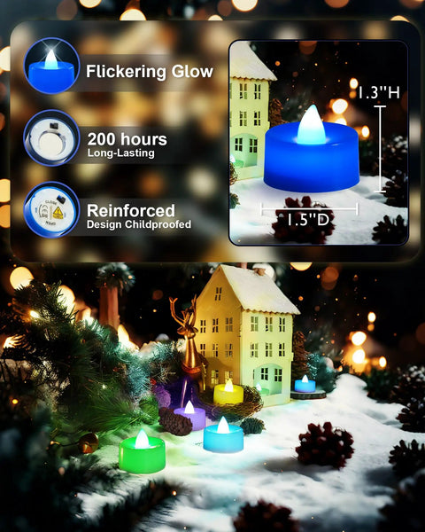 Flickering Flameless LED Tea Lights 24 Pack Battery Operated for Wedding Centerpieces and Home Decor over 200 Hours of Bright Realistic Candle Like Glow Ideal Gift shown with winter decor.