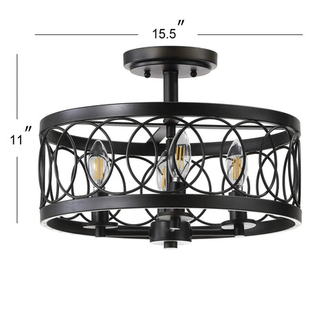 Oil Rubbed Bronze 15.5 Inch 4-Light LED Metal Semi Flush Mount Ceiling Light With Sleek Metal Fretwork Shade, side view