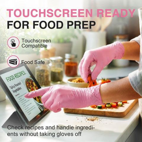 Top Tier Medical Grade Nitrile Exam Gloves Powder And Latex Free Pink Disposable Gloves 100 Count used for food prep and touchscreen.