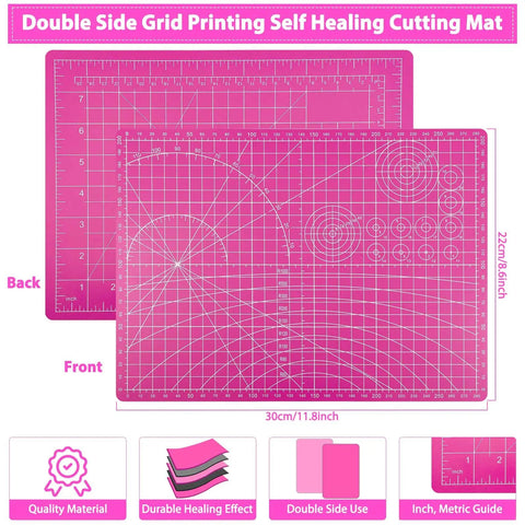 Double-sided self-healing cutting mat showing inch and metric guides, part of the 45mm Rotary Cutter Kit With Self Healing Cutting Mat And 2 Replacement Blades For Sewing, Quilting, Crafting And Fabric Cutting, 9x12 Inch Mat For DIY Projects And Hobby Buffs.
