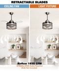 Retractable 36 Inch Ceiling Fan With Lights And Remote In Brushed Nickel, Quiet Motor, showing retractable blades and light fixture.