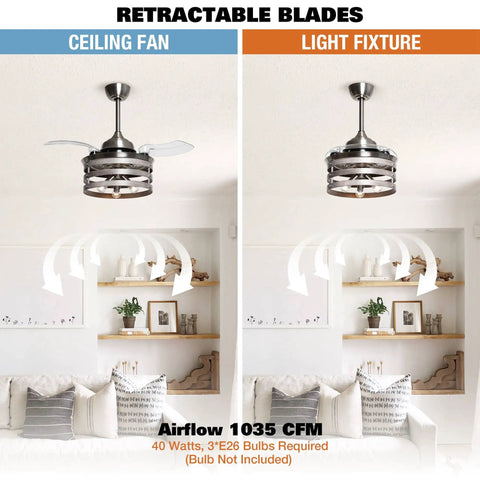 Retractable 36 Inch Ceiling Fan With Lights And Remote In Brushed Nickel, Quiet Motor, showing retractable blades and light fixture.