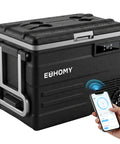 Smart 12V Car Fridge 59 Quarts With App Control And LCD Panel shown with mobile control, wheeled for easy transport, portable cooler.