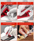 Heavy Duty Chisel Sharpening Jig And Wood Honing Guide With Adjustable Angles For Short Plane Blades, setup and sharpening steps shown.