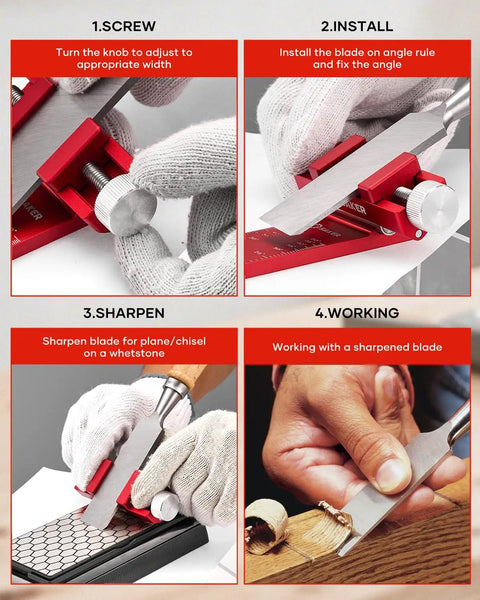 Heavy Duty Chisel Sharpening Jig And Wood Honing Guide With Adjustable Angles For Short Plane Blades, setup and sharpening steps shown.