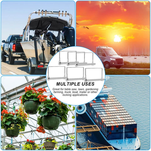 Collage showing uses of 6 Pack Trailer Coupler Pins 5-16 Inch By 4 Inch Heavy Duty Square Towing Hitch Pins for various applications